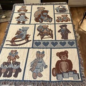 VTG Tapestry Throw Blanket Teddy Bears Hearts MWW 1992 47” x 70" with Fringe
